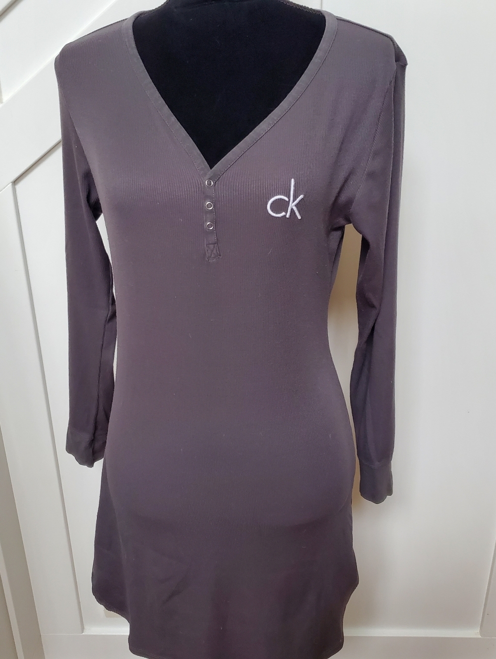 Calvin Klein Long Sleeve V-Neck Nightshirt in Charcoal